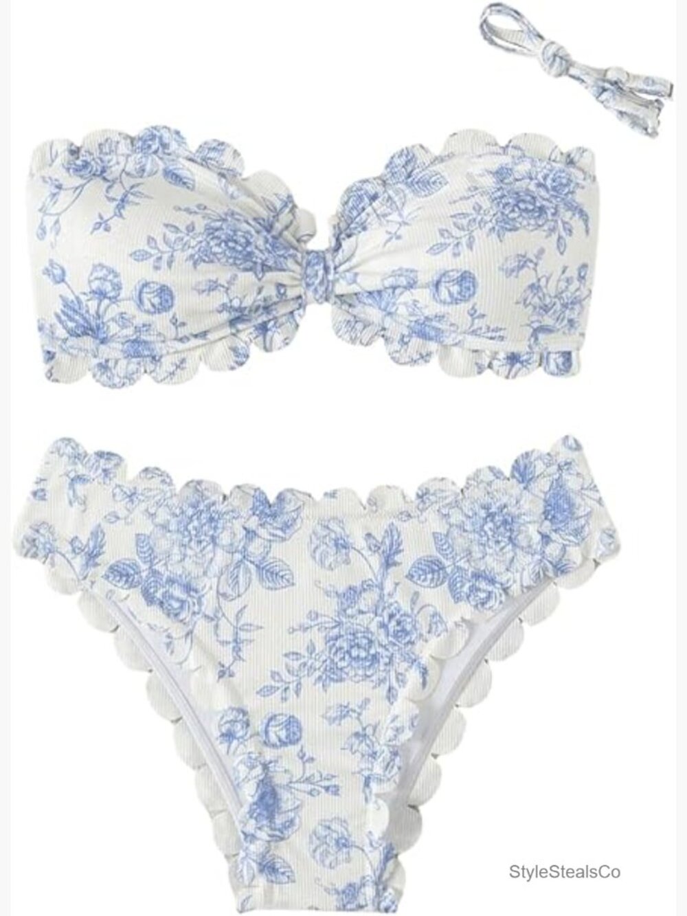 2 Piece Bandeau Bikini Set Floral Scalloped Boho Strapless Swimwear
